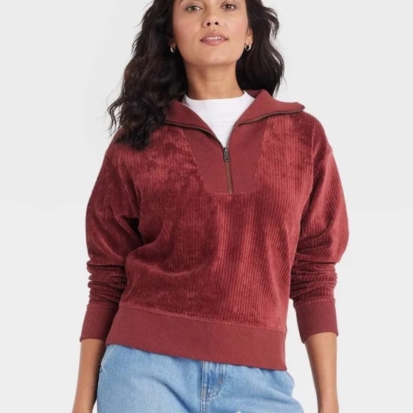Target Universal Thread Women's Burgundy Wide Ribbed Corduroy Quarter Zip Sz XL - Picture 1 of 9
